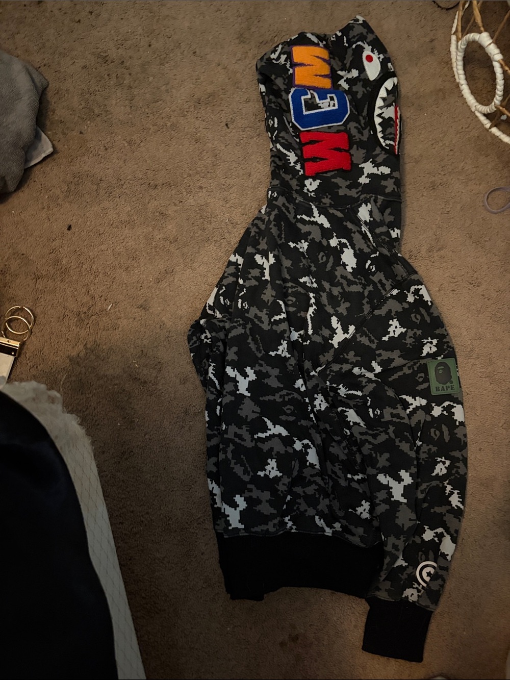 Bape mens Black & Gray Camo Shark Hoodie One-Piece